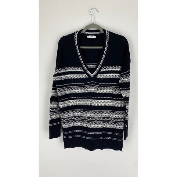 Vince Tunic Sweater Cotton Womens Size Small Black White Flawed Knit V Neck - Picture 1 of 8